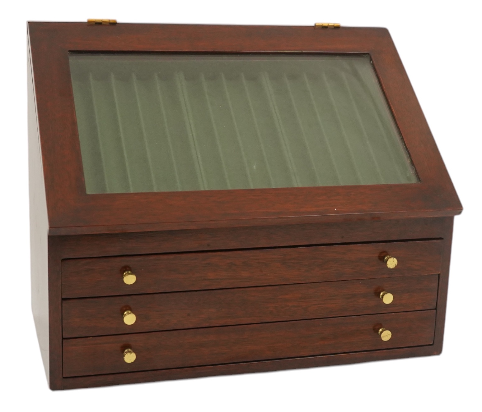 A quality desk top fountain pen display / collector's cabinet for fifty nine pens, with hinged glazed top